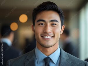 A young man in a suit and tie flashes a bright smile, exuding confidence in a blurred office setting.