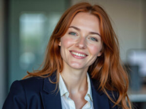 A young woman with long red hair smiles warmly, dressed in a dark blazer and white blouse, in an office environment with blurred computer equipment in the background.